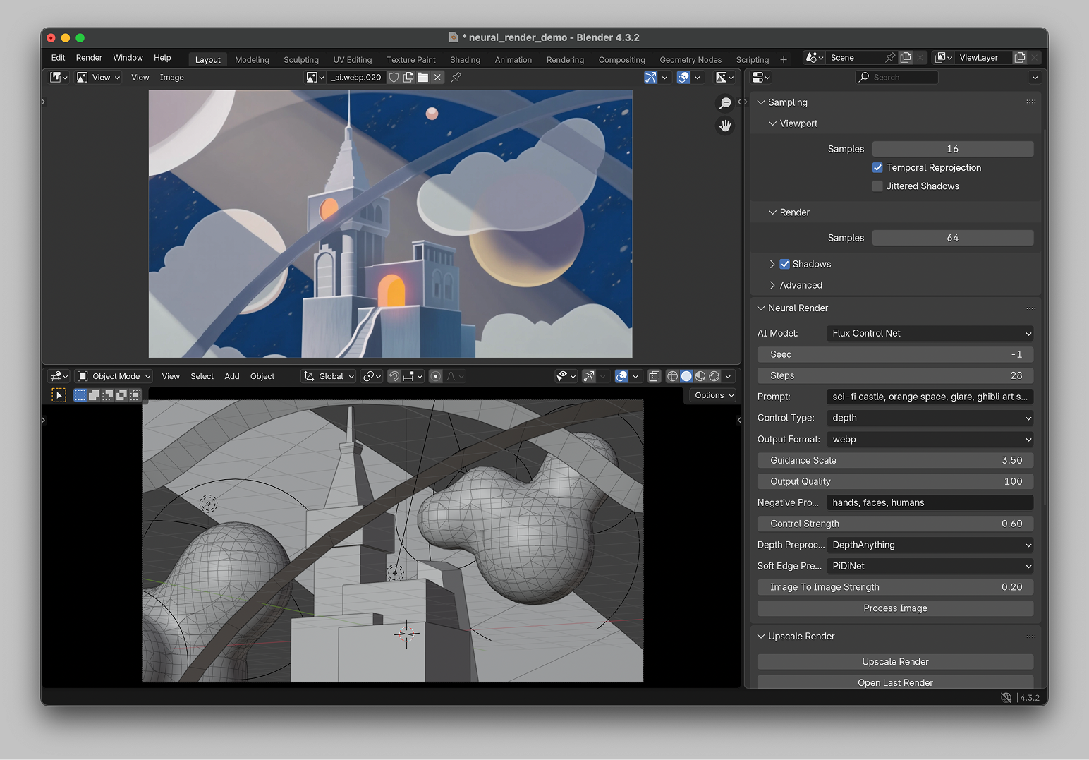 Creative exploration: 3D scene used as structural input for AI-driven artistic variations