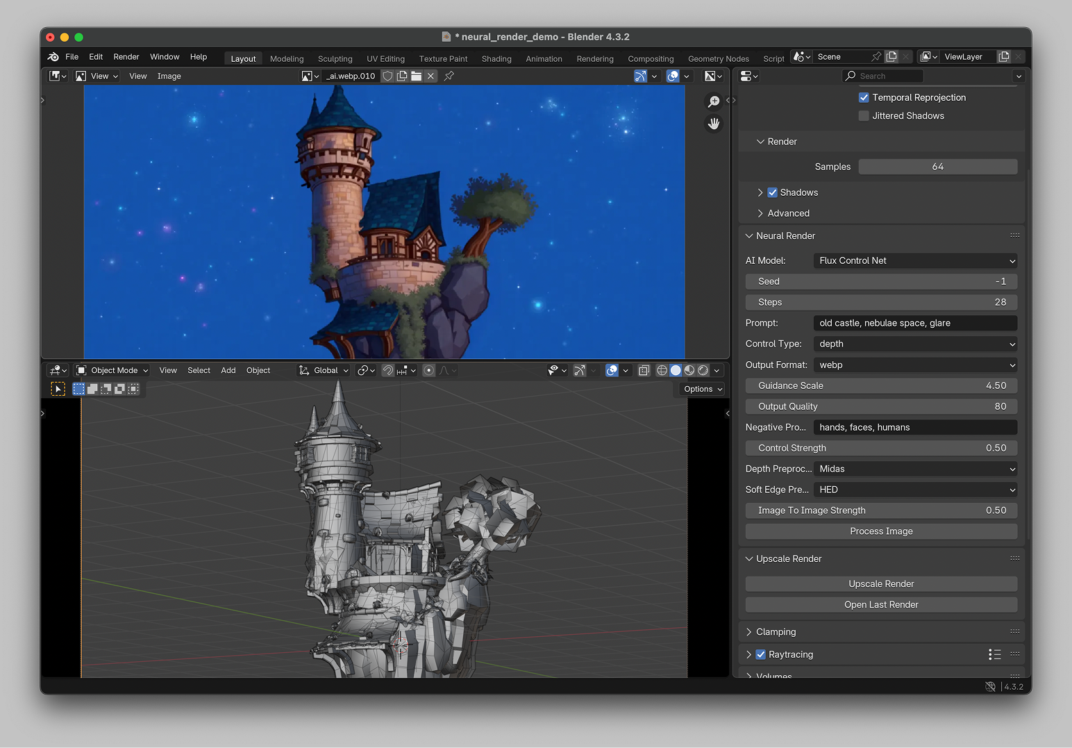 Pre-visualization: rough 3D blockout transformed into a fully realized scene concept through AI post-processing