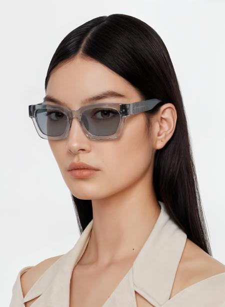 Virtual try-on result: frames rendered with transparent lenses, original eye color preserved